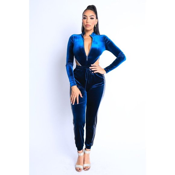 Women's Sexy Cute Velvet Bodysuit and Matching Jogger Pants 2 Piece Set S M L - Picture 5 of 14